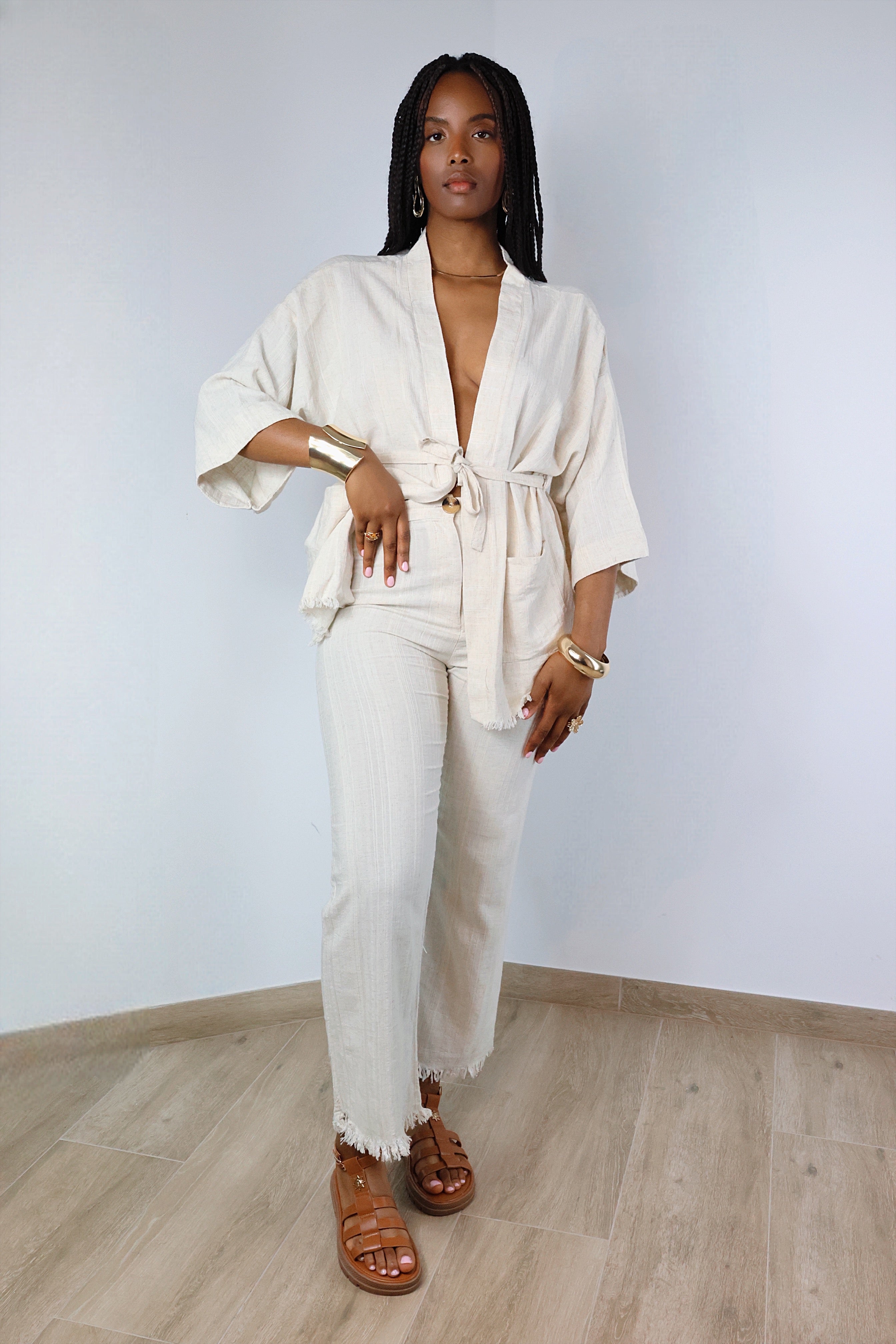 Ensemble “Coton Bohème” – Kimono & Pantalon Texturé