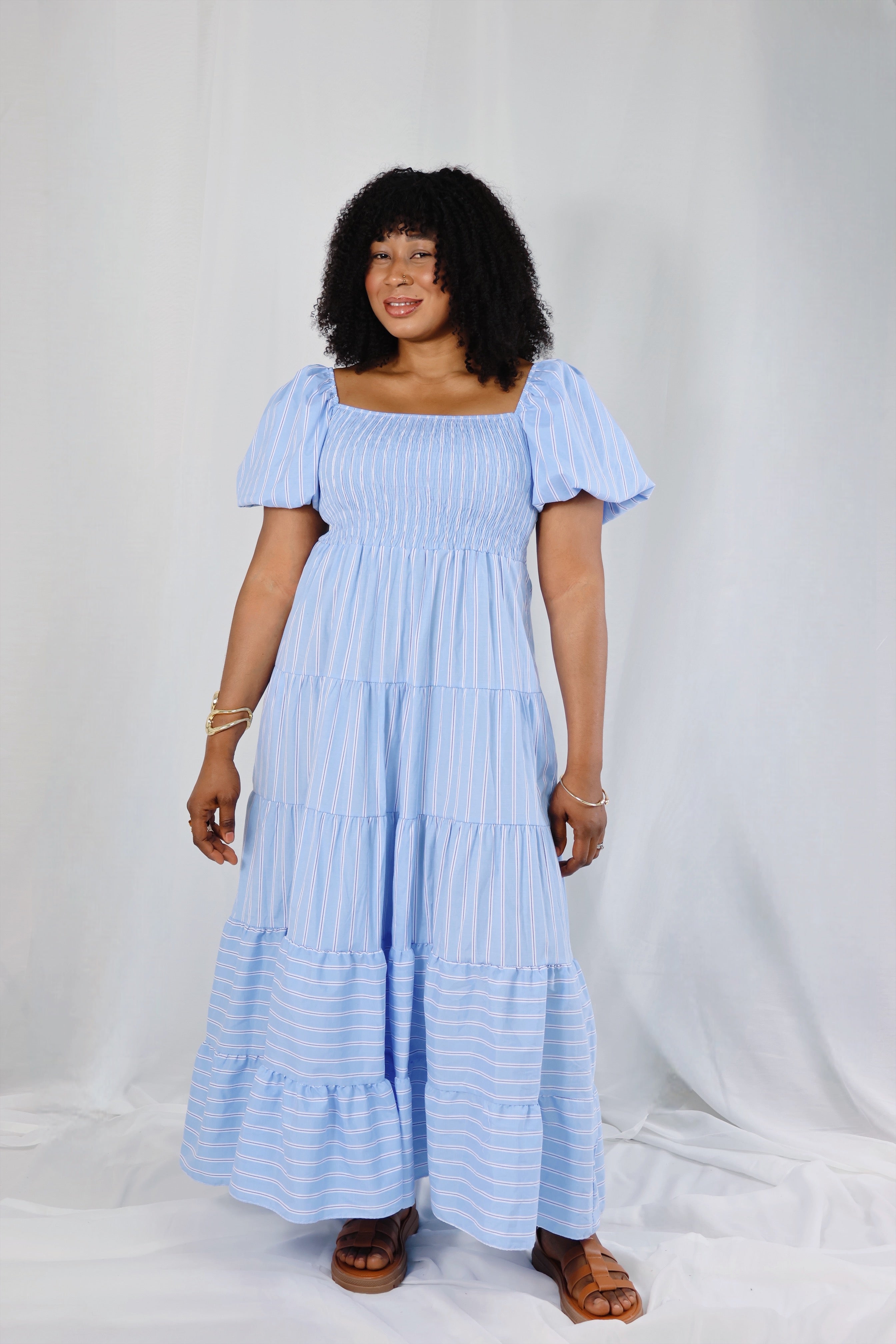Robe “Ciel Bohème” – Bleu pastel rayé- 100% coton