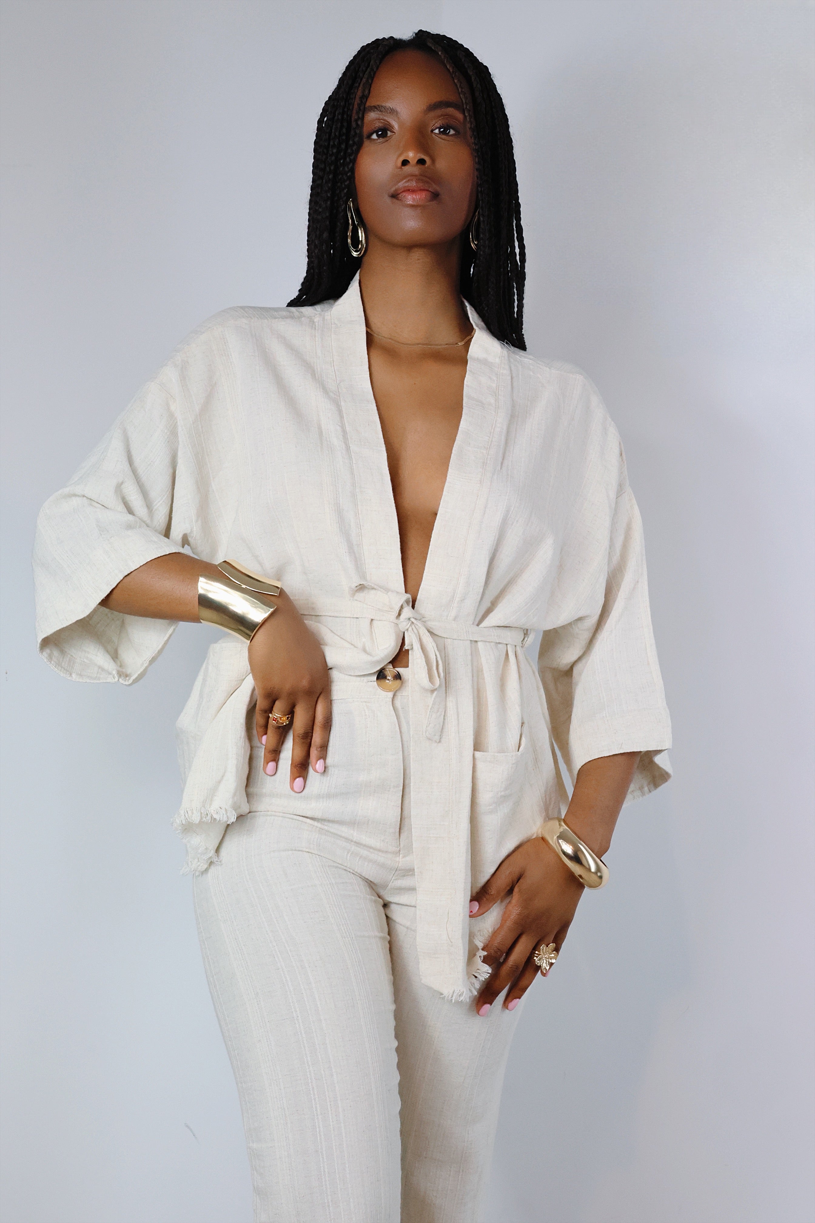 Ensemble “Coton Bohème” – Kimono & Pantalon Texturé