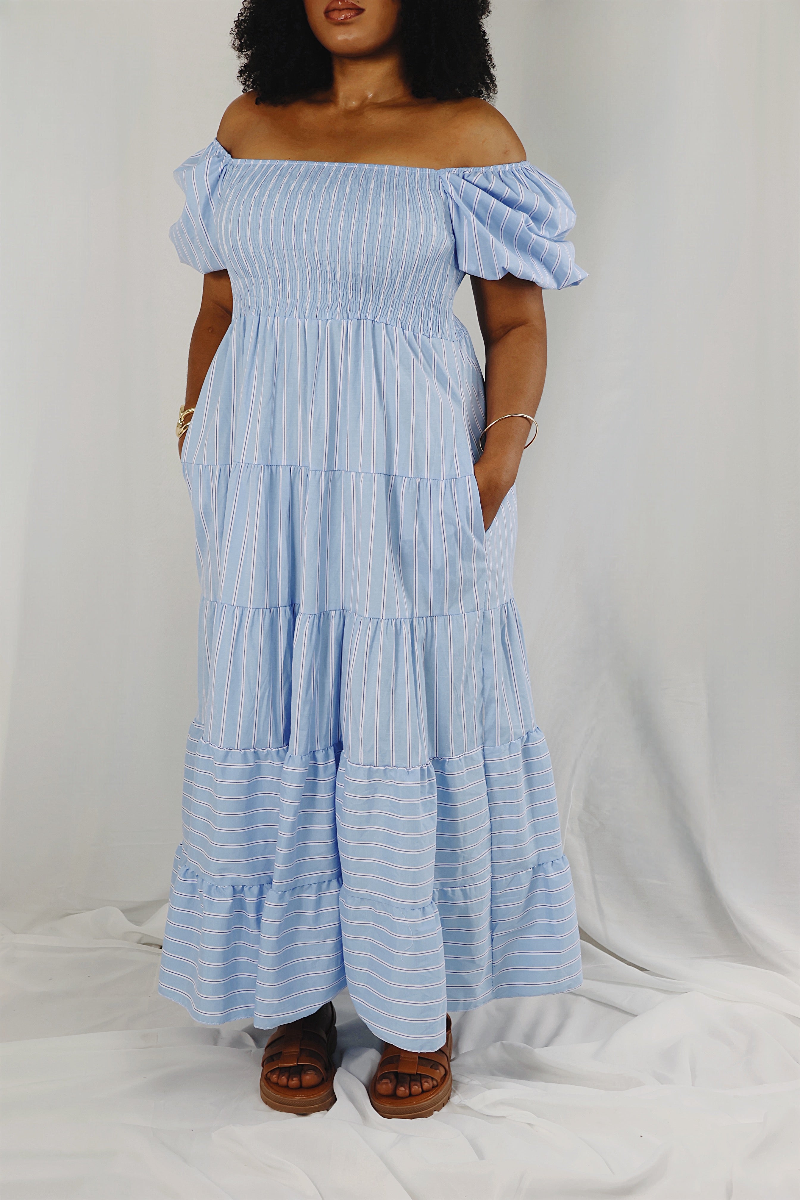 Robe “Ciel Bohème” – Bleu pastel rayé- 100% coton
