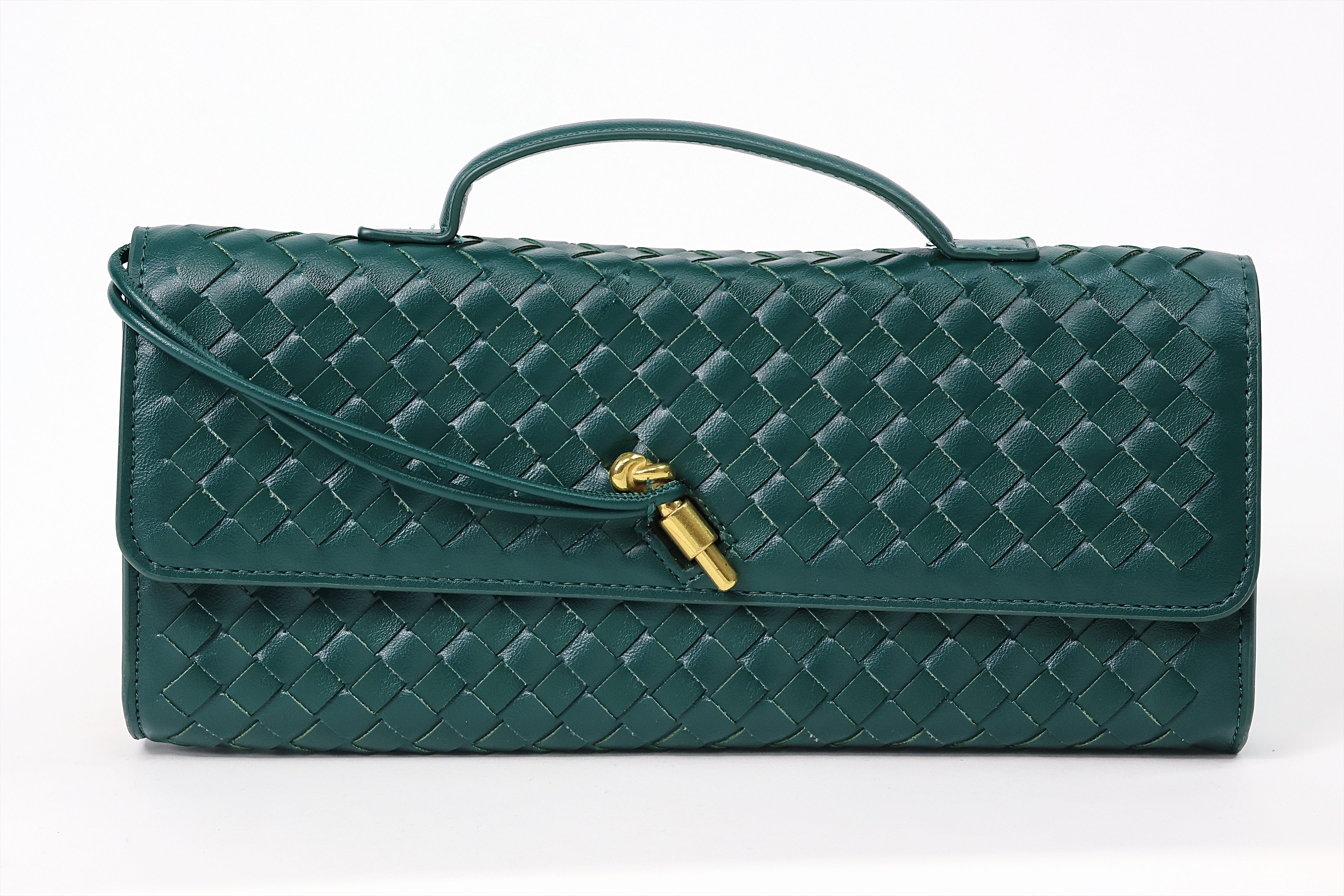 Pochette “Vert Tressé” – Cuir véritable, détail lien doré